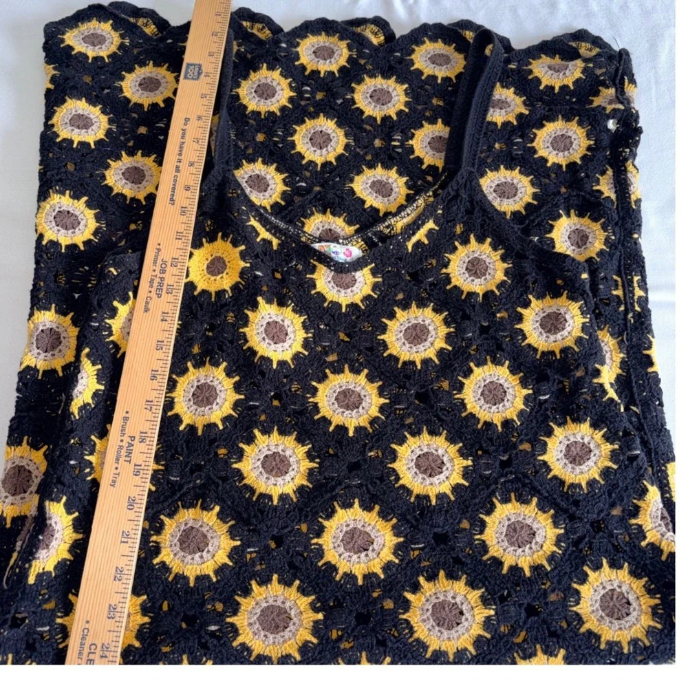 India Boutique Crochet Sunflower Midi Dress small Black Boho Festival Knit - Picture 6 of 9